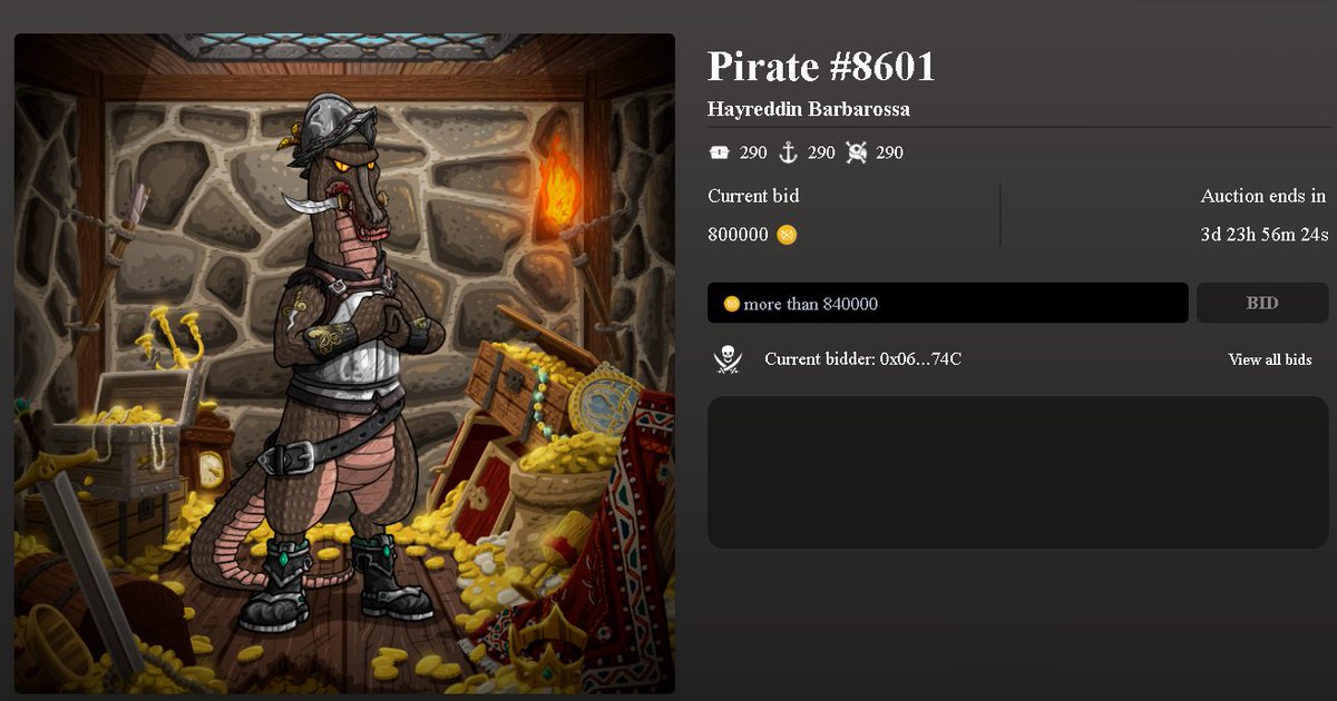 @TheDPSproject New bid in the latest auction! This pirate is 🔥 with 290 stats! @dpsdao #BeMorePirate