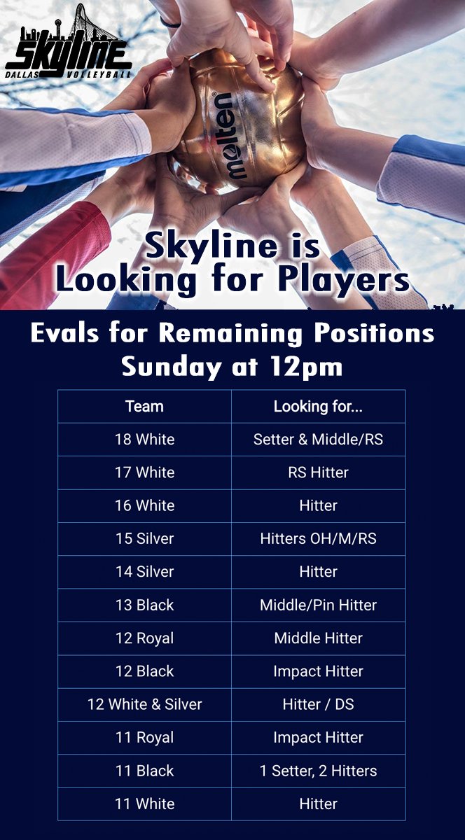 Skyline has an evaluation at 12pm Sunday for teams still looking for players. See the image below to see what positions we are looking for. Signup for Sunday's eval at iteamapp.com/go2.php?id=9837 Southwest Athletic Center (SWAC) 2800 N. Interstate 35E Carrollton, TX