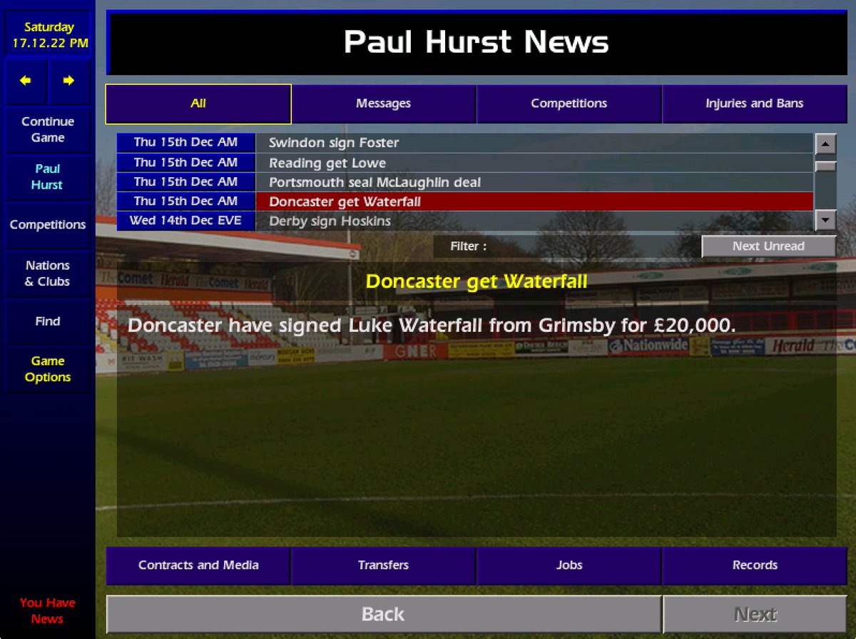 RichMariner's tweet photo. Waterfall to Donny for Β£20k π‘
This transfer was arranged earlier in the season but, for some reason, could only go through on 17th Dec. No idea why.
Just Maher, Smith (loan) and Pearson (res) on the books, so Hurst might wanna sign a centre back in Jan.
#CM0102 | #SimGTFC https://t.co/26U5rVAtkx