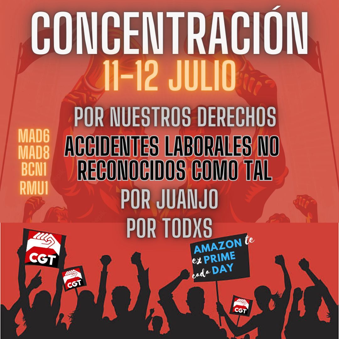 cgt_sindical's tweet photo. Concentraciones 11-12 Julio en los centros Amazon.
🕛6:00-8:00AM y 14:00-16:00PM

📍Murcia: c/Isidro Vivancos Munoz Parque Logistico del Sureste.
📍Toledo: Av. Logística, 13 Illescas.
📍Madrid: c/ Rachel Carson, 1
📍 Barcelona: c/ de l'Alta Ribagorça, 20,El Prat de Llobregat https://t.co/MIVOaTZZWZ