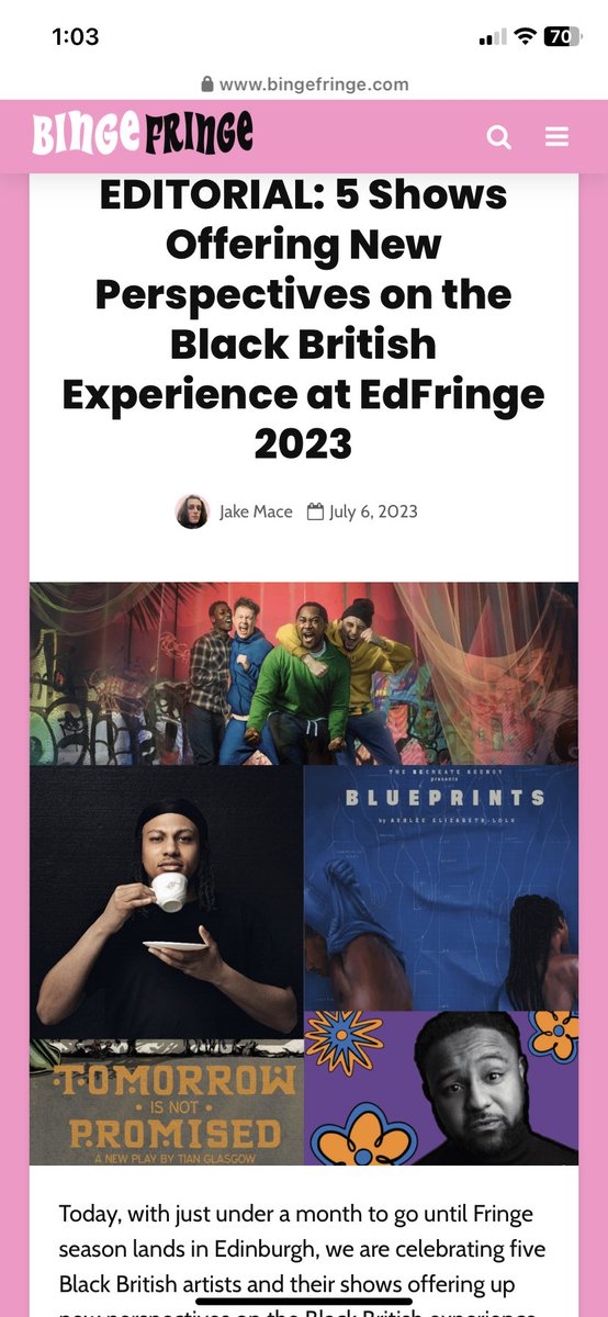 NO_TABLE_'s tweet photo. We’re so excited to be featured in @bingefringemag this week along some brilliant Black artists bringing shows to fringe 2023!

There’s still time to donate to our justgiving page:

https://t.co/xUu23BXmmu

#EDINBURGH #fringe #Blacktheatre #owo https://t.co/mP5k3FQM5o