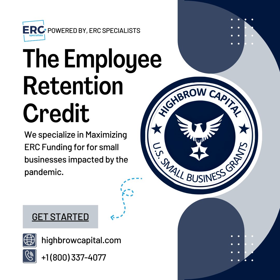 highbrowcapital's tweet image. Highbrow Capital, powered by ERC Specialists - the largest ERC processing firm in the nation, specialize in maximizing Employee Retention Credit (ERC) Funding for small businesses affected by the pandemic. 
Learn more @:HighbrowCapital.com

 #erc #taxcredit #ertc #ercfunding