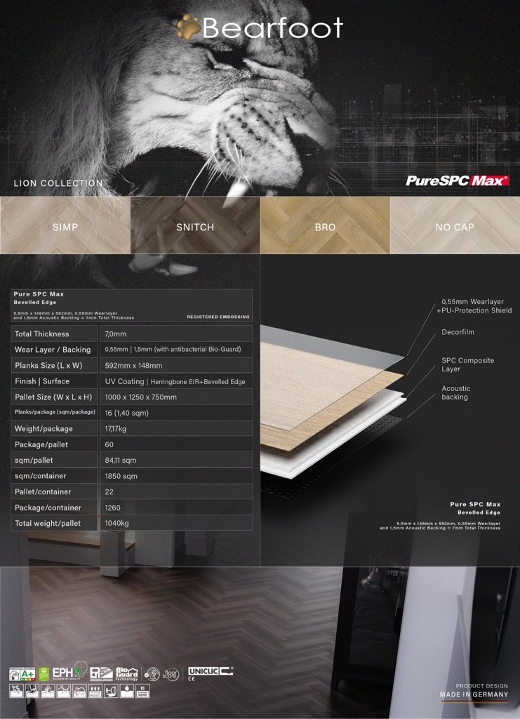 bearfootquality's tweet photo. We are proud to present Bigger 5 from Republic. Our brand new Pure SPC MAX click flooring!! Featuring Lion herringbone, Grizzly plank &amp; Tiger long plank. This range of 100% waterproof range has something for everyone. Now in stock!! #bearfootflooring #republicflooring #spcfloor https://t.co/cxrNBTgB6m