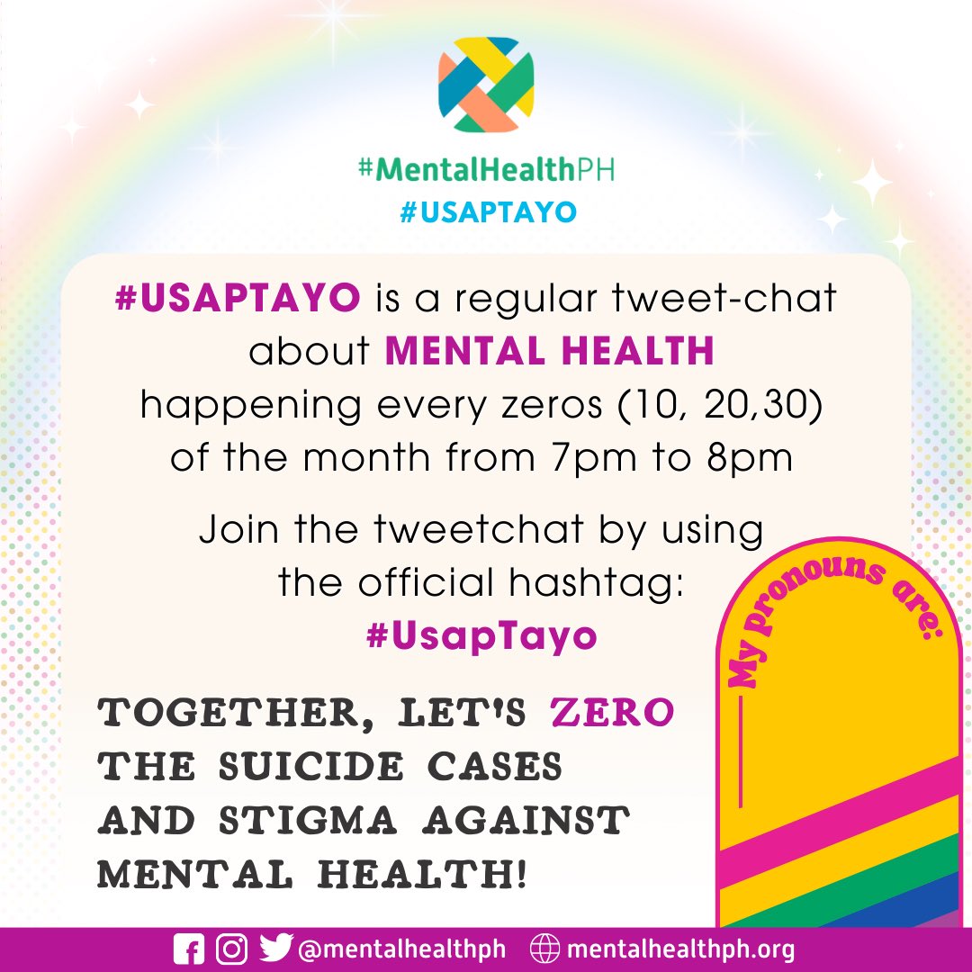 mentalhealthph's tweet photo. Why do pronouns matter? How does it affect one’s identity and perspective of themselves?

Let’s understand how pronouns are central to one’s identity tomorrow, July 10, 7PM for our first #UsapTayo this month. 

READ: https://t.co/QNdeMuYAdd

Tara, #UsapTayo!

#MentalHealthPH https://t.co/mPXmfLstWJ