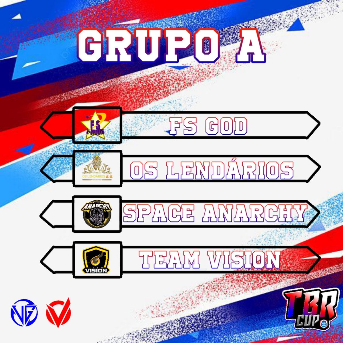 E assim ficou nosso grupo A 
Conte para nós para quem vai sua torcida??
<a href="/FreezarSoldiers/">⭐Freezar Soldiers⭐</a> 
<a href="/oslendariostop1/">OS LENDÁRIOS✌</a> 
<a href="/Space_AnarchyGG/">Space Anarchy™️</a> 
<a href="/TeamVision_Esp/">Team Vision 🦉</a> 
Boa sorte a todos 

Organização: 
@Vinny_arty <a href="/DOMDamashi/">Damashi</a>