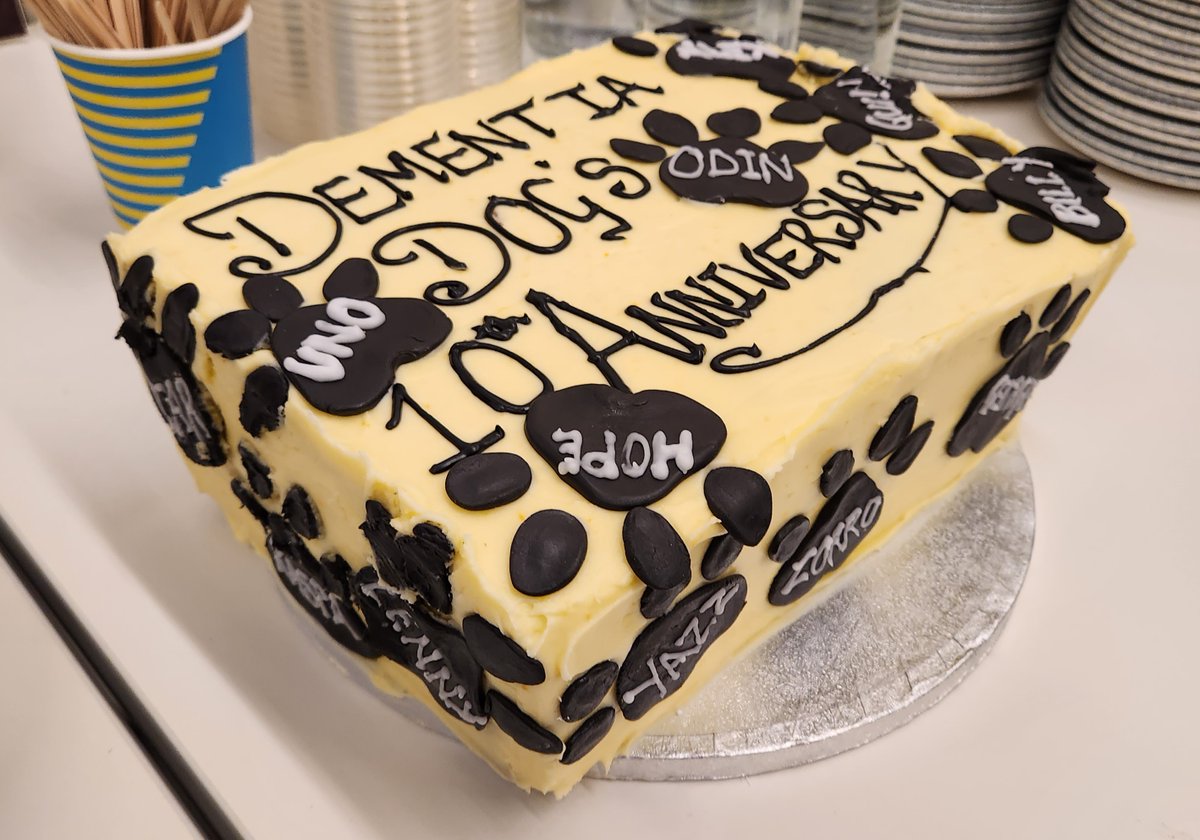 dementiadog's tweet photo. 10th anniversary event. So thankful to the original group of individuals. Without those visionary ideas &amp; those who made them reality we would not be here and still growing today. Thanks to Anne Rankin for the amazing cake she surprised us with on the day @DogsForGoodUK @alzscot https://t.co/Ew6cyBV6Xm