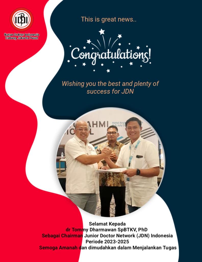 Selamat Barisan Dokter Muda Indonesia JDN sukses menyelenggarakan Silatnas dan berhasil memilih Ketua barunya Selamat dr Tommy SpBTKV Phd Semoga Amanah Maju Bersama <a href="/PBIDI/">PB IDI</a>
