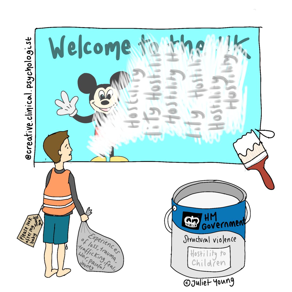 Since starting a qualified role with asylum seeking children, I've not produced many political drawings; I think because I can't think too deeply about the harshness of systems around them. But last weeks news story about welcoming cartoons being painted over really got to me 😡
