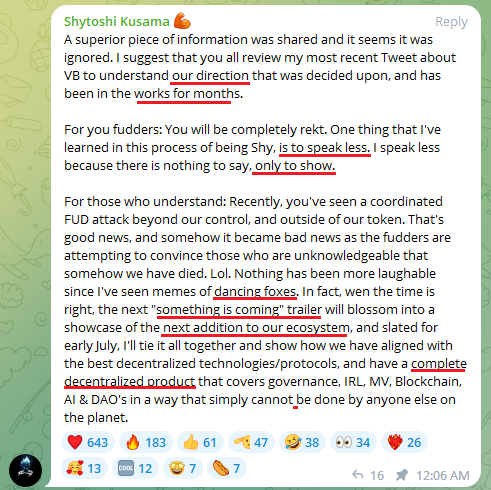 NeoGhostYashi's tweet photo. For those from the $Suzume community you know what these refer to.. 

1. The trailers (2 of them) 
2. Direction change 
3. Dancing fox 
4. DAO 
5. Decentralization to the fullest 

$Shib $Leash $Bone https://t.co/XjNTEoTbHf