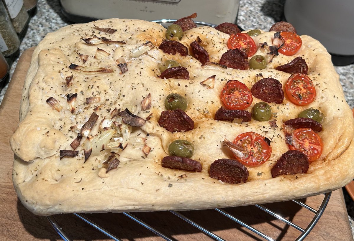 Todays baking focaccia, can you see I don’t like olives and chorizo so done in two halves his and hers