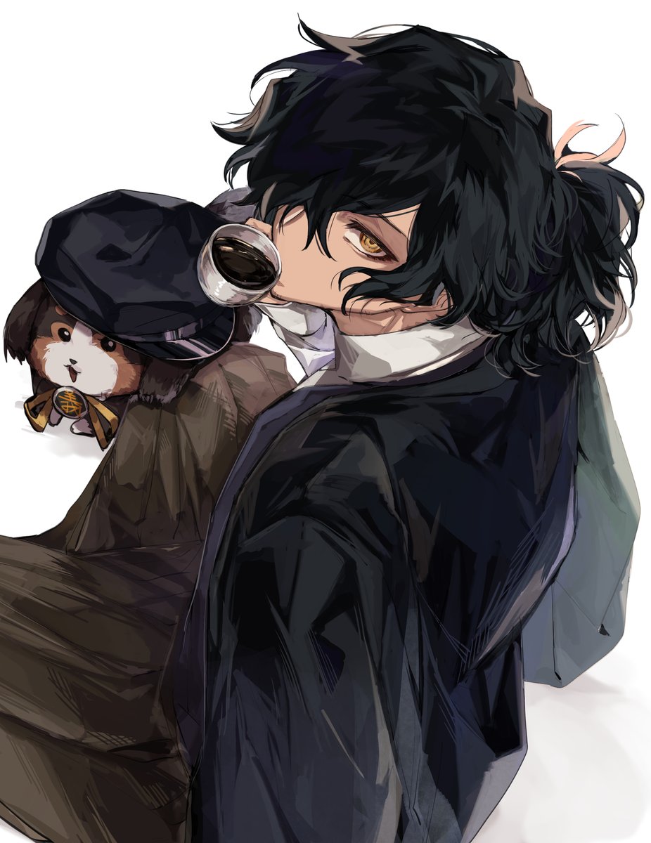 1boy male focus black hair ponytail dog hair over one eye cup  illustration images