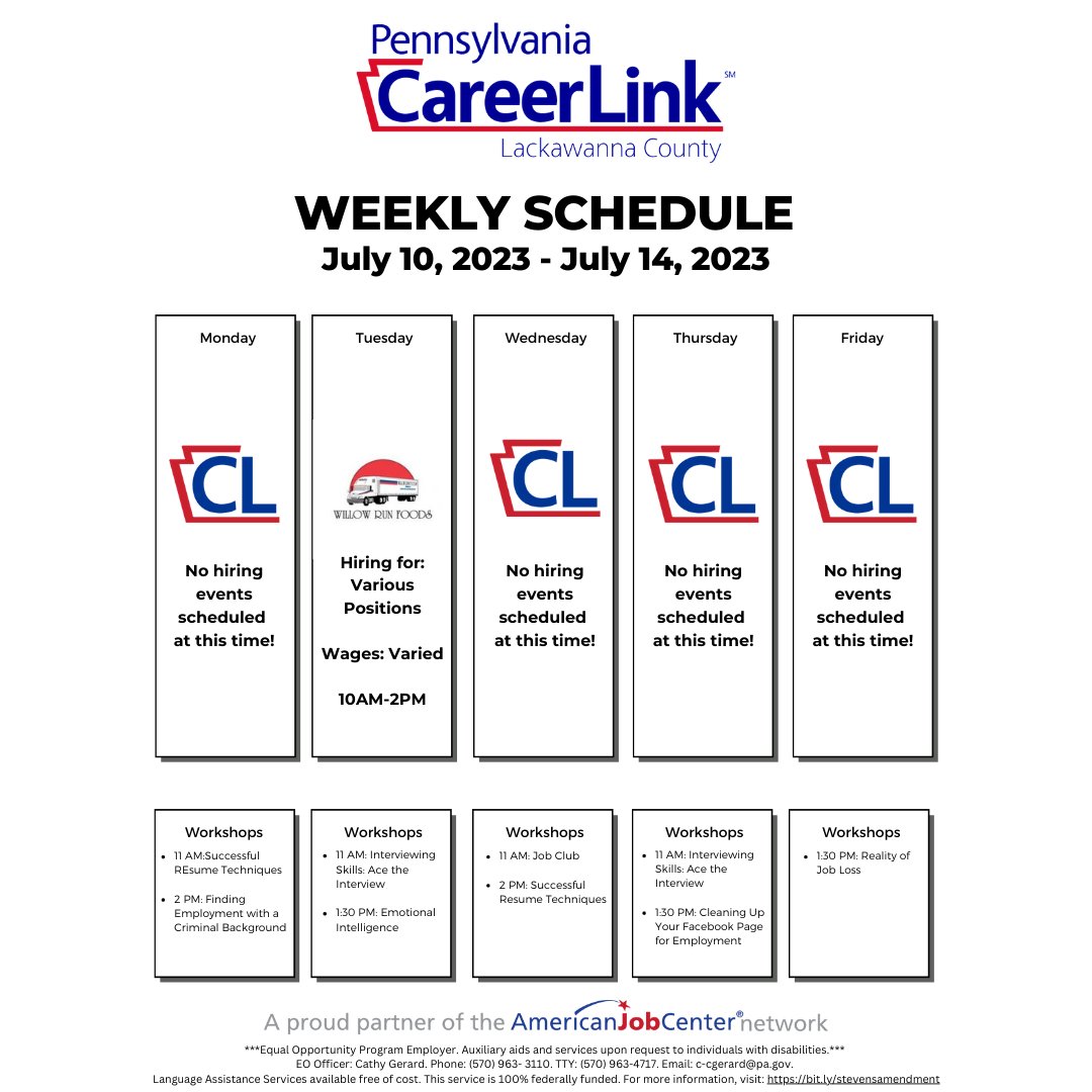 Check out what’s going on this week at PA CareerLink® Lackawanna County!
🗓 Mark your calendar and stop by to start your new career!
📍 135 Franklin Ave, Scranton, PA 18503
