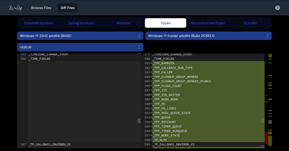 Following the recent update of Winbindex, WinDiff now also fetches the latest Windows 11 Insider Preview builds! Enjoy!😊

Thanks <a href="/m417z/">Michael Maltsev</a> for all the work done on Winbindex!

App: windiff.vercel.app
Repo: github.com/ergrelet/windi…
