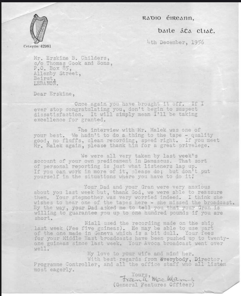 I see a lot of comments about RTE’s foreign correspondents and their lack of appropriate danger wages.

My father worked for MacManus (RadioEireann) in the 50s, filing tape to Dublin whist risking his life constantly btw Lebanon, Libya, Iraq, Syria and Egypt. Read this from 1956