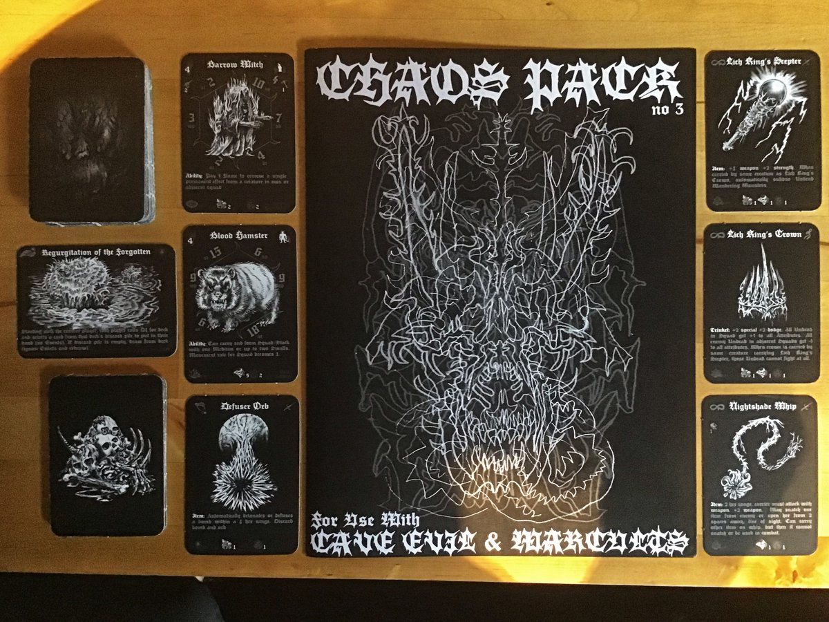 MadMosesMtg's tweet photo. I've had the pleasure to create 7 cards for the Chaos Pack #3 expansion for the cult classic board games @CaveEvil and Warcults. All artwork on my cards and the cover by my friend Johannes Stahl.
#caveevil #warcults #boardgames https://t.co/scPGlU3tpy