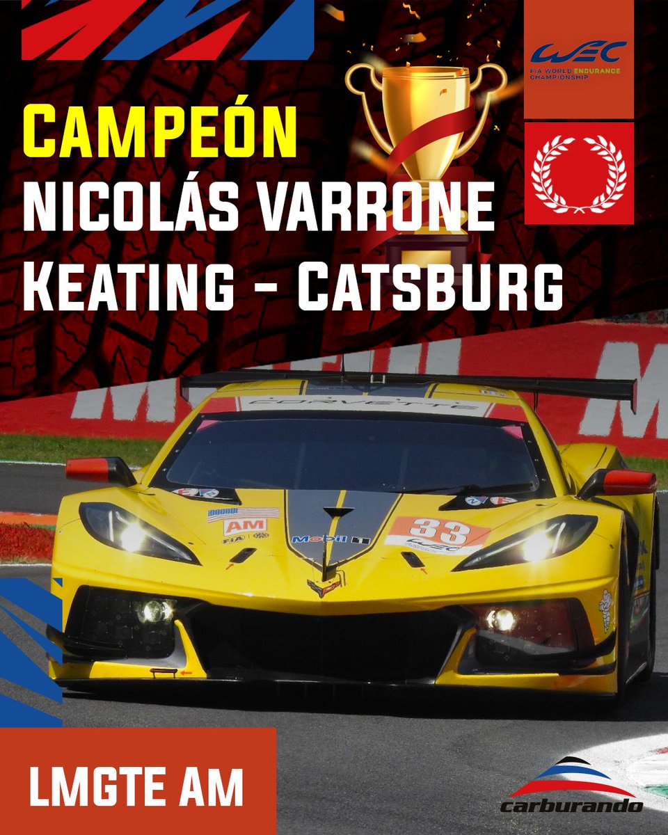 🏆🇦🇷 ¡NICOLÁS VARRONE CAMPEÓOOOOON DE FIA WEC!

👉 Tras finalizar cuarto en las 6 Horas de Monza, el argentino se consagró campeón del mundo en la divisional LMGTE junto a sus compañeros en sociedad con el neerlandés Nicky Catsburg y el estadounidense Ben Keating.