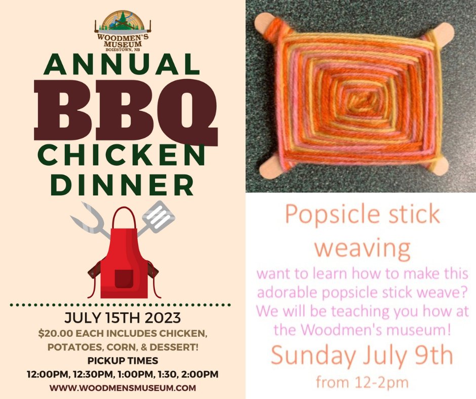 Drop in today and join Amanda 12pm-2pm creating beautiful popsicle stick weaving! Don't forget, BBQ Chicken Dinner orders by phone or in person must be received TODAY by 5pm! Online orders must be received by MONDAY JULY 10th at 10:00am.
#woodmensmuseum
#events
#bbq
#bbqchicken
