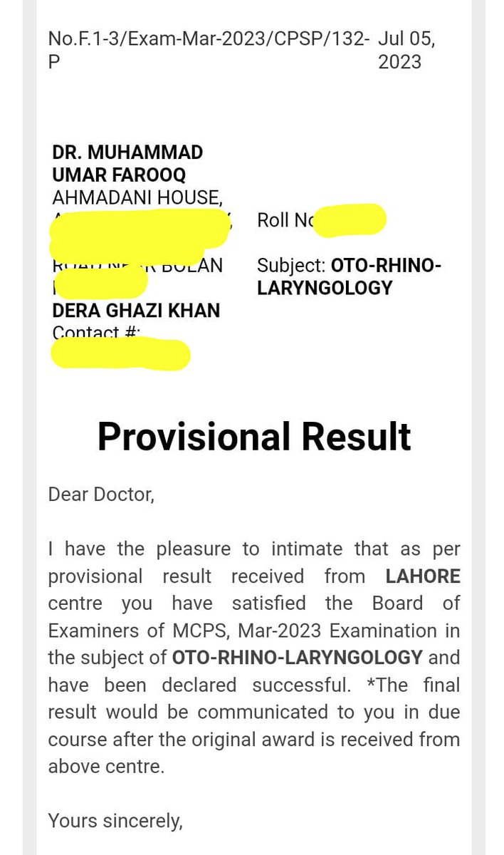 Thanks to Almighty ALLAH 🙏🥳
Done with MCPS ENT.
Special Thanks to My supervisor BriG Dr Maqbool Raza( FESS Father).
#MedTwitter 
#ENTwitter
#OtoTwitter