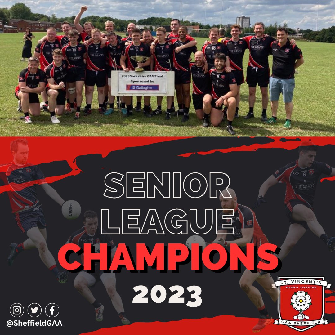 sheffieldgaa's tweet photo. Senior League Champions 2023 🔴⚫🔴⚫

St Vincent's 1-16
St Benedict's Harps 0-14

A very competitive game in Beeston with the Vinnies coming out on top to secure back to back Senior League titles.

More photos to follow!
@YorkshireGAA

#GAA #Sheffield #Yorkshire #GaelicFootball https://t.co/BLYqSY33i4