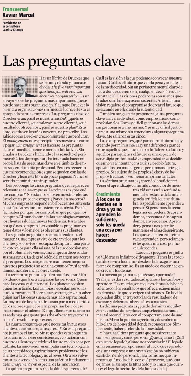 "La pregunta clave".
…“El tiempo lo filtra todo y lo único q cuenta es el legado hecho con #honestidad.” No pretendamos innovar sin #empatía y #tecnología, no dejemos nunca de #aprender. Y recordemos q siempre la clave para conseguir el #éxito son las #personas  🖋️ <a href="/XavierMarcet/">Xavier Marcet</a>