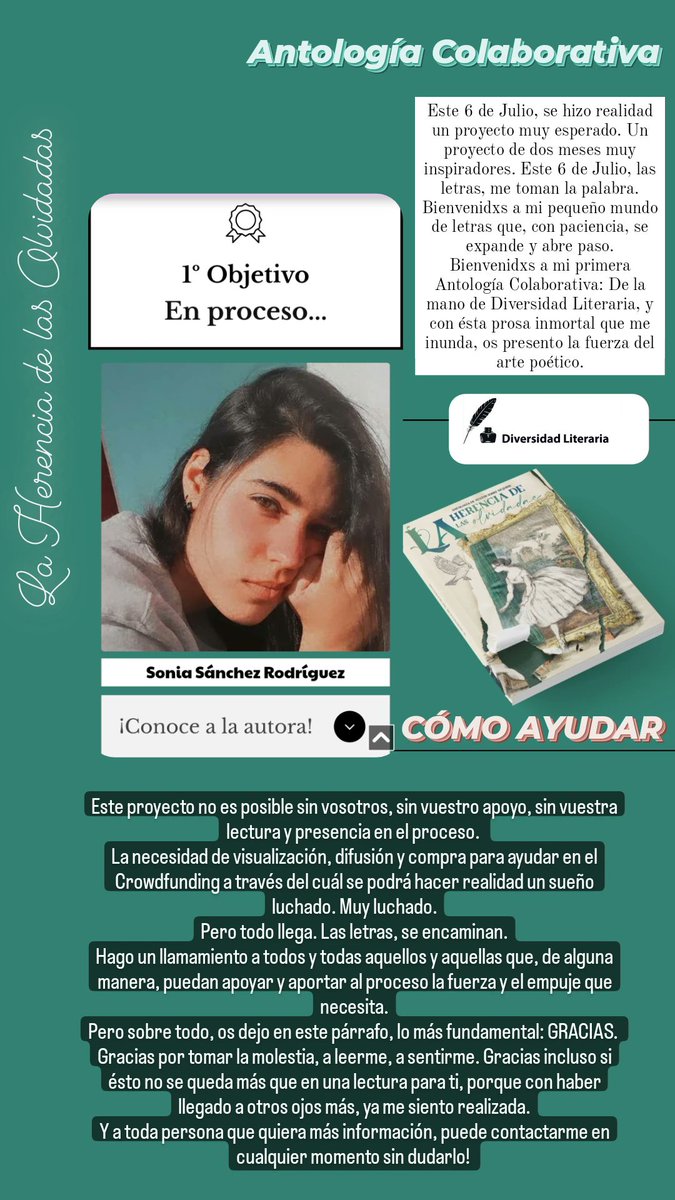 kaeilith's tweet photo. LA HERENCIA DE LAS OLVIDADAS

Éste es mi recorrido, mi primera publicación oficial. Un proyecto esperado, soñado, y encaminado al triunfo de un reto personal.
Éste, es mi primer paso, y precede a un poemario que lleva años gestándose, y será el próximo reto.
Pido ayuda y difusión https://t.co/VF5IsFlPlE