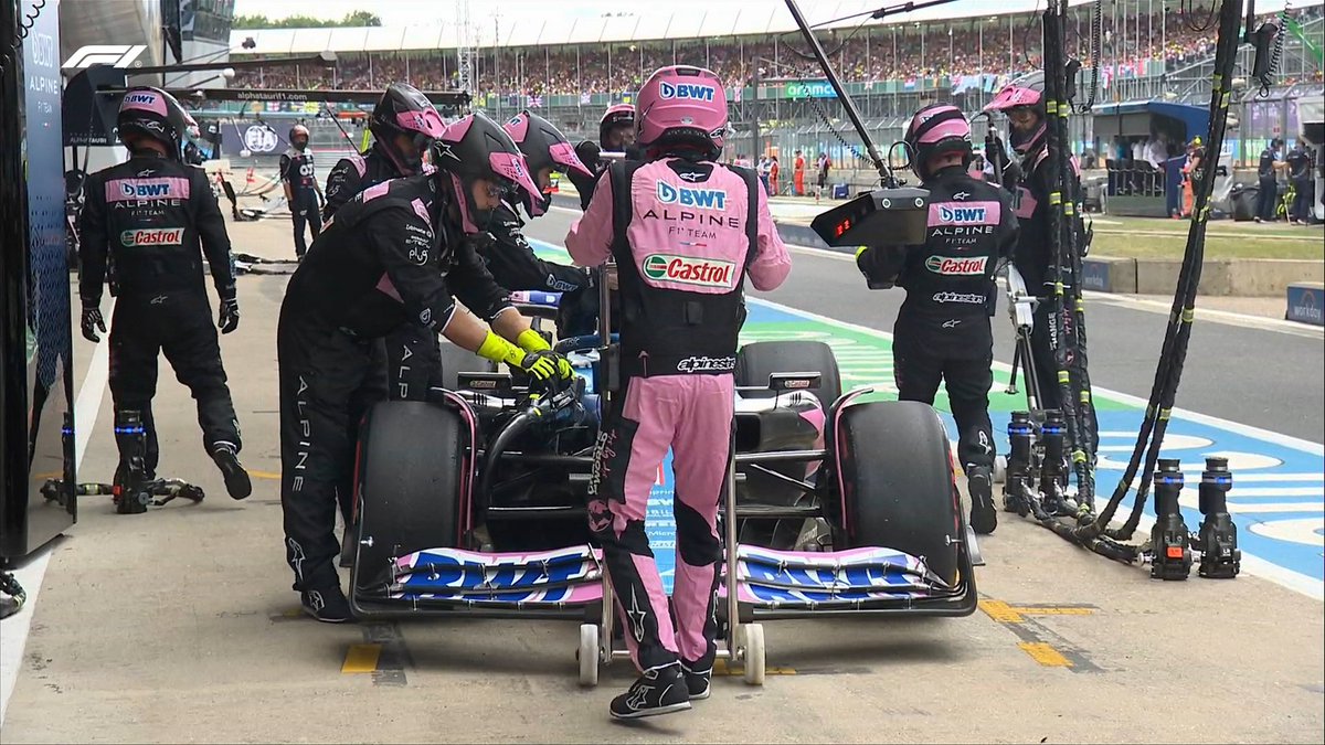 F1's tweet image. LAP 10/52

Esteban Ocon's race only lasts 10 laps - he retires in the pits 😩

#BritishGP #F1