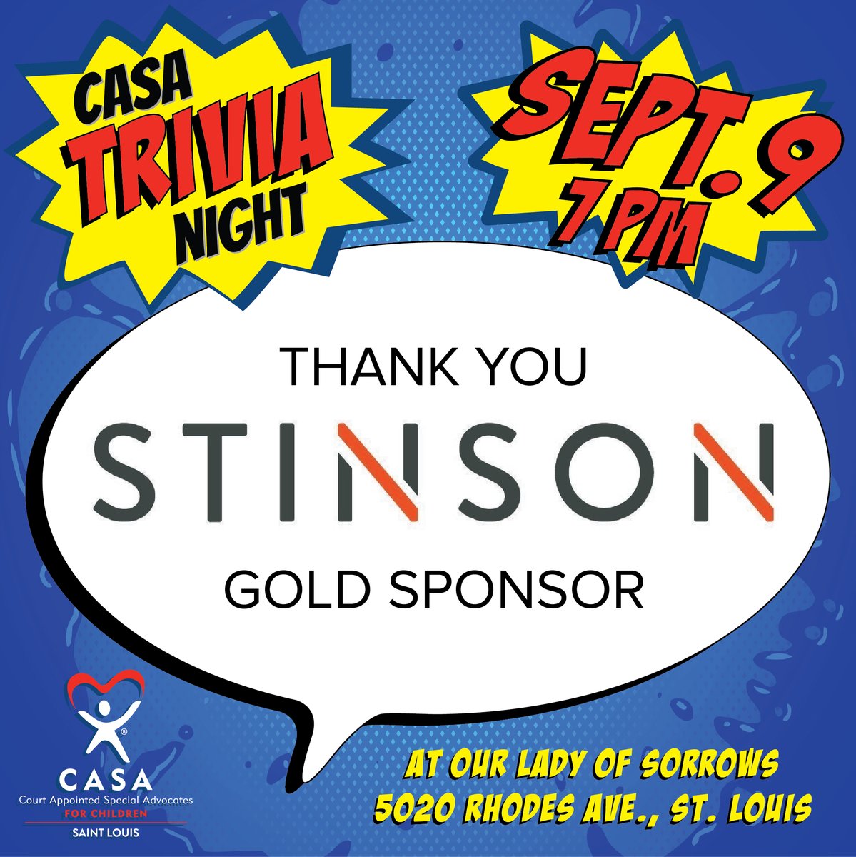 stlouiscasa's tweet photo. Thanks to @StinsonLLP, Gold Sponsor of SUPER CASA Trivia Night! Join us Saturday, September 9 at Our Lady of Sorrows Parish Hall - doors at 6 pm, trivia at 7 pm. Registration is open! https://t.co/I2FUFjsFXV #stlouistrivia #stlfundraiser #casa #trivianight #midwestbankcentre https://t.co/6qgYNbcFVY