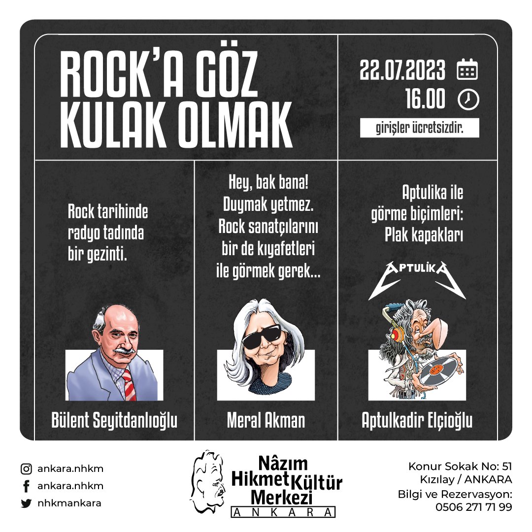 NHKMAnkara's tweet photo. 🔴 Rock'a Göz Kulak Olmak söyleşimize davetlisiniz! 

Bülent Seyitdanlıoğlu ile Rock tarihinde radyo tadında gezinti yapacağız.

Meral Akman'la Rock sanatçıları ve kıyafetlerine yakından bakacağız.

Aptulika ile Rock tarihinin ikonik albüm kapaklarının doğuşuna tanıklık edeceğiz. https://t.co/AMKQmsCuX5