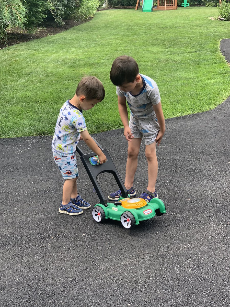 Trying to start the mower - brotherly team work