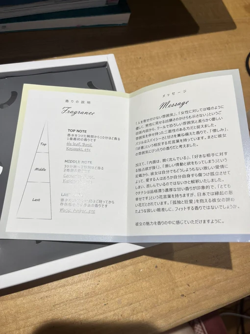 scentlyさんに、百合カプ攻めの香水を作っていただきました〜〜っ!!  刺激的で頭のネジのぶっ飛んだ女の香りがします……最高です……😭😭  解釈シートが解釈一致過ぎて死亡しました。ありがとうございました!!!