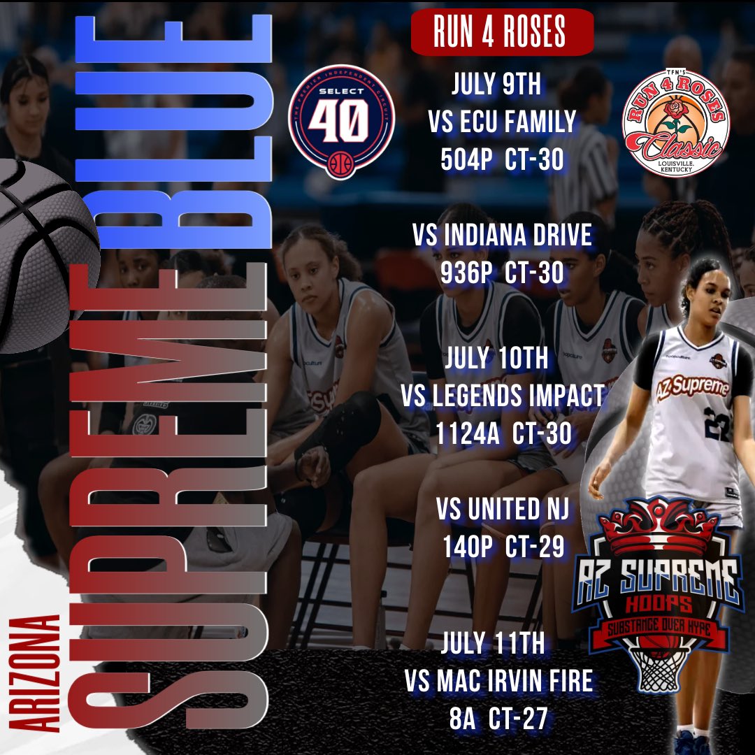 <a href="/SelectEventsBB/">Select Events Basketball</a> Session II
AZ Supreme Blue 2025 Schedule
#WeAreSupreme
#SubstanceOverHype