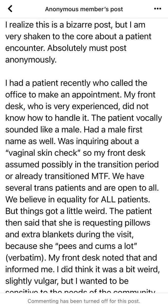 IAmNoBottt's tweet photo. A short thread about this post (I believe it's from a Facebook-Group?)
Featuring a "patient", a doctor and their practice-team.
But featuring especially a society that's been infected by the "be kind" virus, gender-ideology and the "normal is boring" disease.
#TransIsTrend
#tit https://t.co/44ZVJw5Mbd