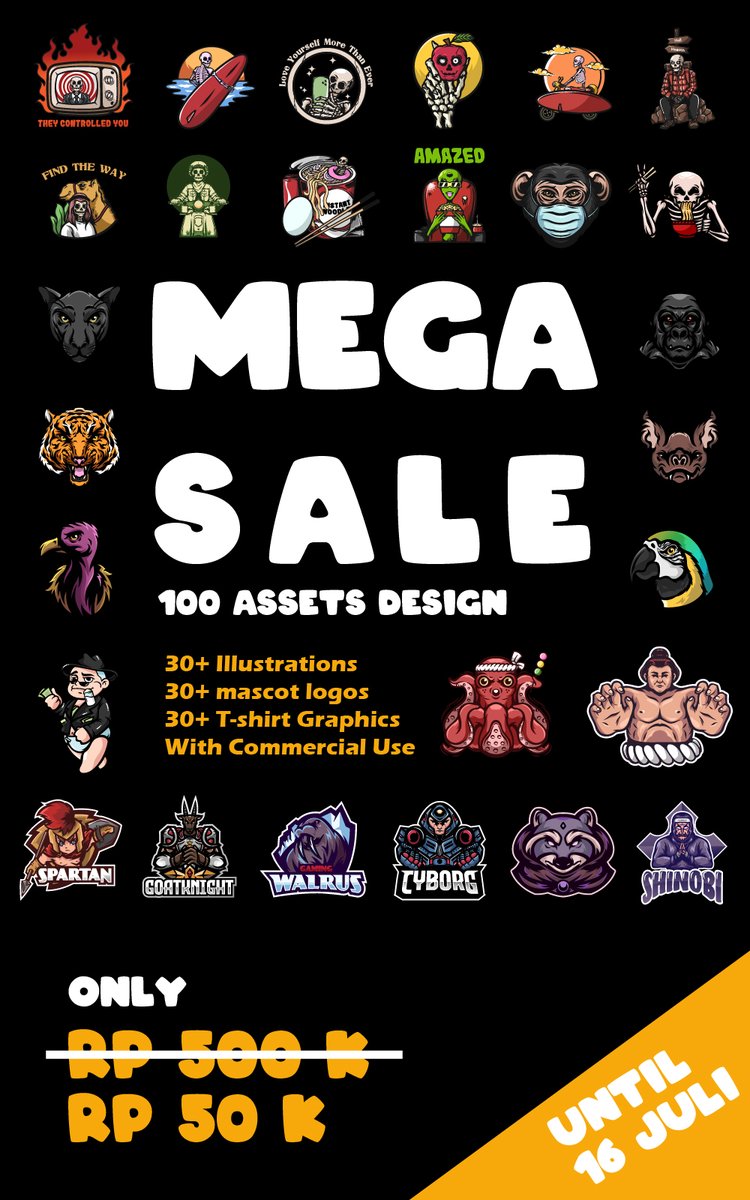 DreamSwitcher's tweet photo. Mega Sale 100 aset desain 
(Ilustrasi, t-shirt designs, mascot logo).
Boleh dipakai komersil (non ekslusif), asal gak diupload lagi di microstok.

Download di https://t.co/m8W4jFt8VX

#tshirtdesign #mascotlogodesign #designforsale https://t.co/9VXMtiPMBQ