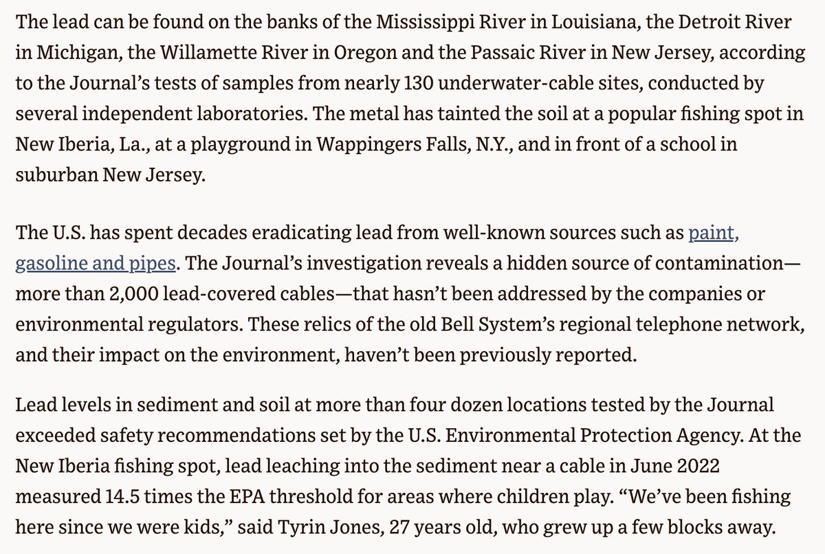 A stunning investigation: A team of @wsj reporters discovered a sprawling network of lead-covered cables that have contaminated sediment and soil across the country. wsj.com/articles/lead-…