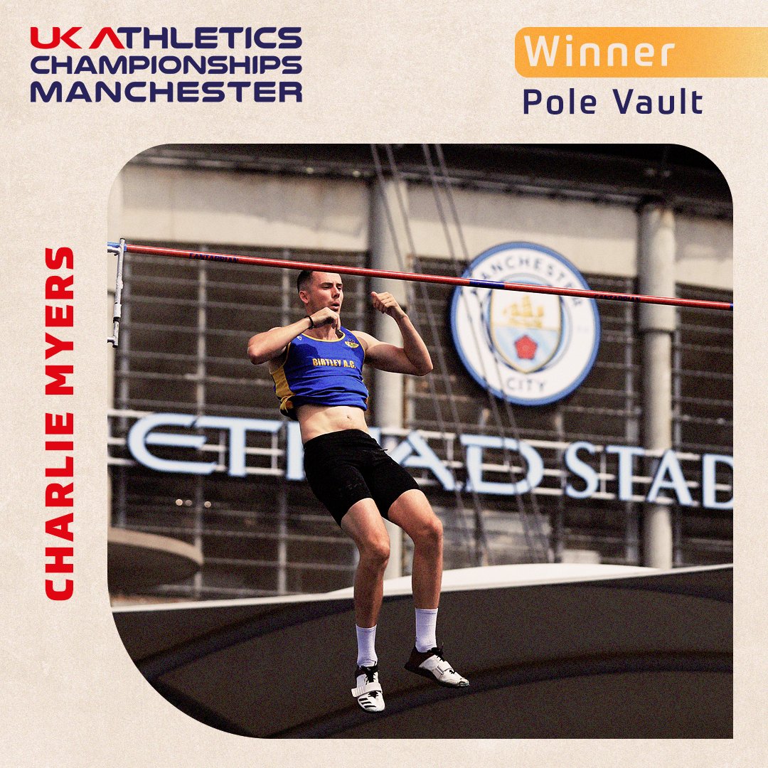 BritAthletics's tweet photo. 🥇 @charlie_myersss gets the job done!

Three attempts at 5.40m but 5.20 is sufficient to claim the British title.

#UKChampsManchester https://t.co/kkPHv4sR3J