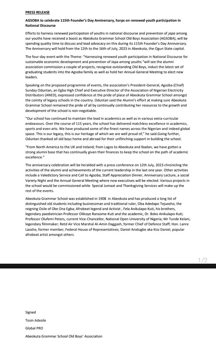 agsobacec's tweet photo. 115th Founder's Day Anniversary Press Release 
#Agsoba https://t.co/0wr0cZELw3