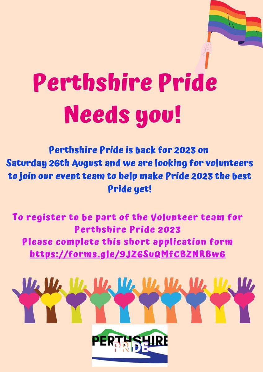 PerthshirePride's tweet photo. Perthshire Pride are looking for Volunteers to join the Pride Event team on Saturday 26th August. 
Interested in Volunteering at pride?
Please complete our short volunteer registration form below. 
https://t.co/lx8W38xC8V https://t.co/Wjxg0zVsSB
