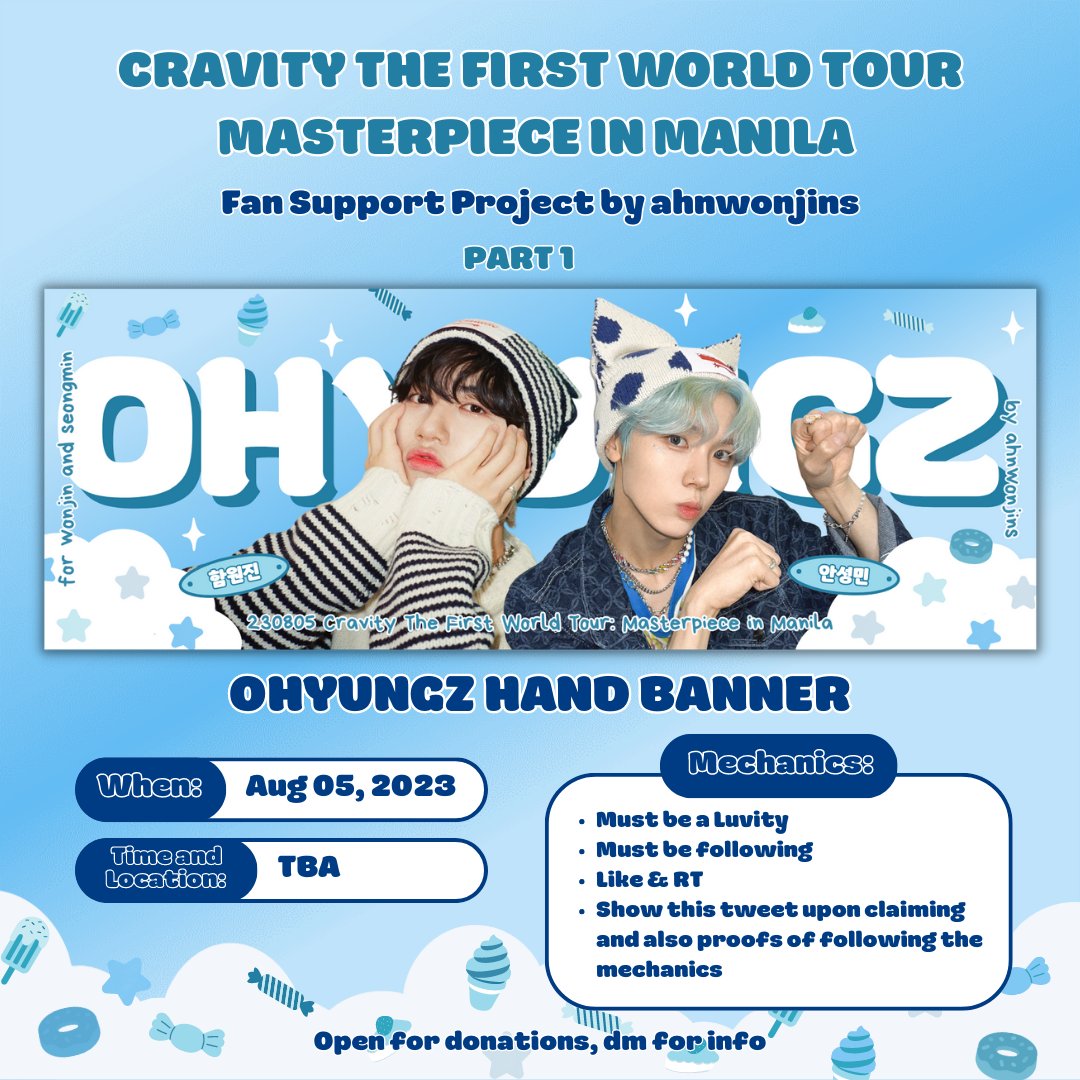 ahnwonjins's tweet photo. CRAVITY The First World Tour: Masterpiece in Manila
Fan Support Project by @ahnwonjins 💜💛

PART 1: OHYUNGZ HAND BANNER 🐥🐰

When: August 5, 2023
Time/Where: TBA

Mechanics:
- must be a Luvity
- must be following
- Like & RT
- Show this Tweet upon claiming, also proofs of following the mechanics

#CRAVITY #WONJIN #SEONGMIN #크래비티 #원진 #성민 #MASTERPIECE_IN_MNL #CRAVITY_1ST_WORLD_TOUR
#MASTERPIECE_IN_MNL
#CRAVITYinManila #MASTERPIECEinManila