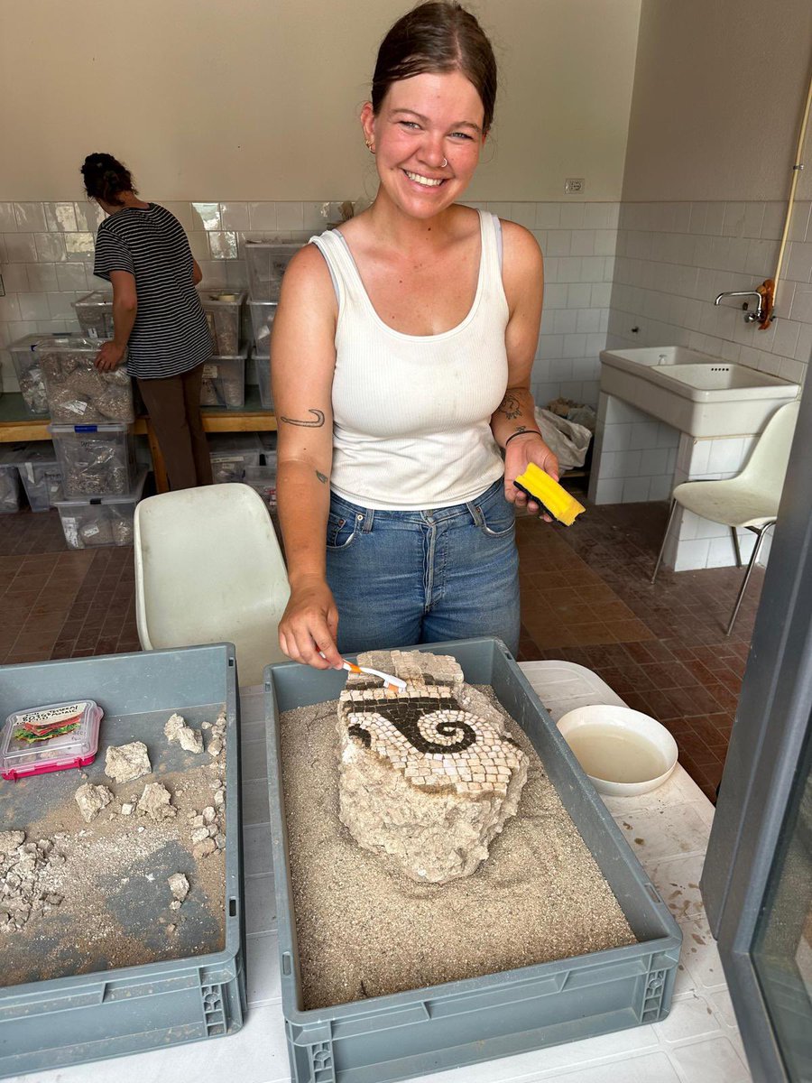 UCTharros's tweet photo. We don’t often find chunks of a mosaic in the fills to level a floor, but when we do…
#Tharros 
#mosaic https://t.co/m2tHtE4Hod