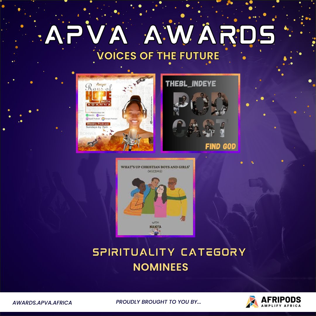APVAofficial's tweet photo. Congratulations are in order! 💃 💃 

Introducing the APVA 2023 nominees for the Spirituality Category

📌Rays of Hope by Adanna  - Nigeria
@rohwa_podcast 

📌Thebl_indeye podcast by Caleb M.k -  Kenya
@thebl_indeye https://t.co/piSZdTxLyb