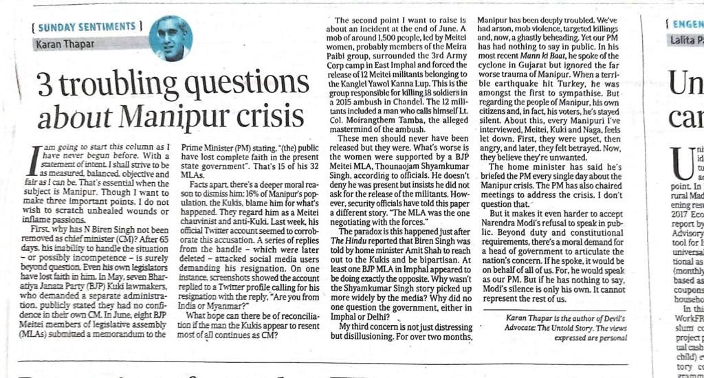 KimHaokipINC's tweet photo. 3 Troubling Questions on #Manipur 

Read @KaranThapar_TTP https://t.co/ZnBkeBomvU