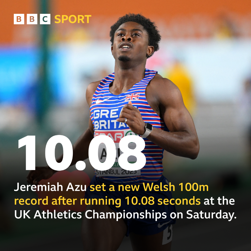 BBCSportWales's tweet photo. Jeremiah Azu broke the Welsh 100m record yesterday... 💥

Christian Malcolm's previous record of 10.11 had stood since August 2001... three months after Azu was born 🤯

#BBCAthletics #Azoom