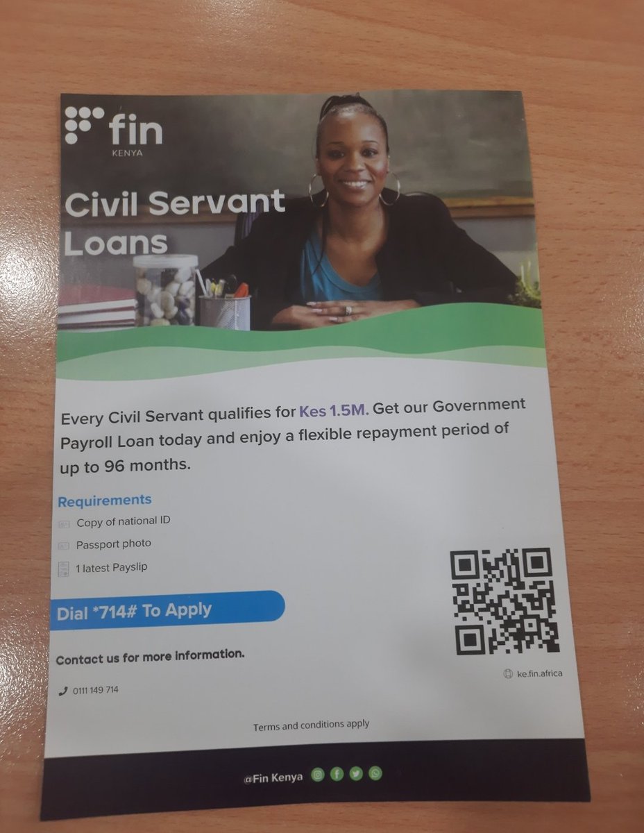 WandraPetr's tweet photo. @SportPesa Finn Kenya offers CIVIL SERVANT LOANS ranging from 50k to 1.5m at a friendly rate of 13% p.a.
Loans are Disbursed to MPESA/BANK accounts within 6hrs of Approval.

We also offer BUY OFF'S, Car Financing and LOGBOOK LOANS. 
For Assistance,Call: 0719821071 https://t.co/GZmlF1B4Cy