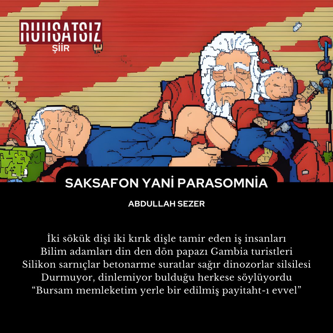 ruhsatsizdergi's tweet photo. Abdullah Sezer "Saksafon Yani Parasomnia" şiiriyle Ruhsatsız 04'te.
#ruhsatsızdergi #abdullahsezer https://t.co/dcpKb9pIj7