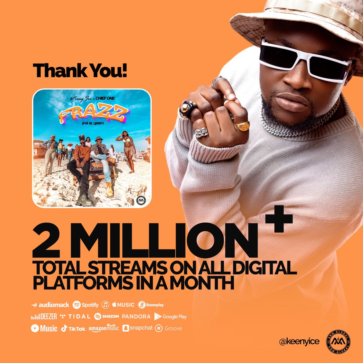 #FRAZZ is a month old today and it has 2 million+ streams on all digital platforms. 
Thank you so much. Big love to my brother <a href="/chief__one/">Chief One</a> for doing this with me. 🫶🏾
Let’s keep running the numbers up. 
songwhip.com/keeny-ice/frazz