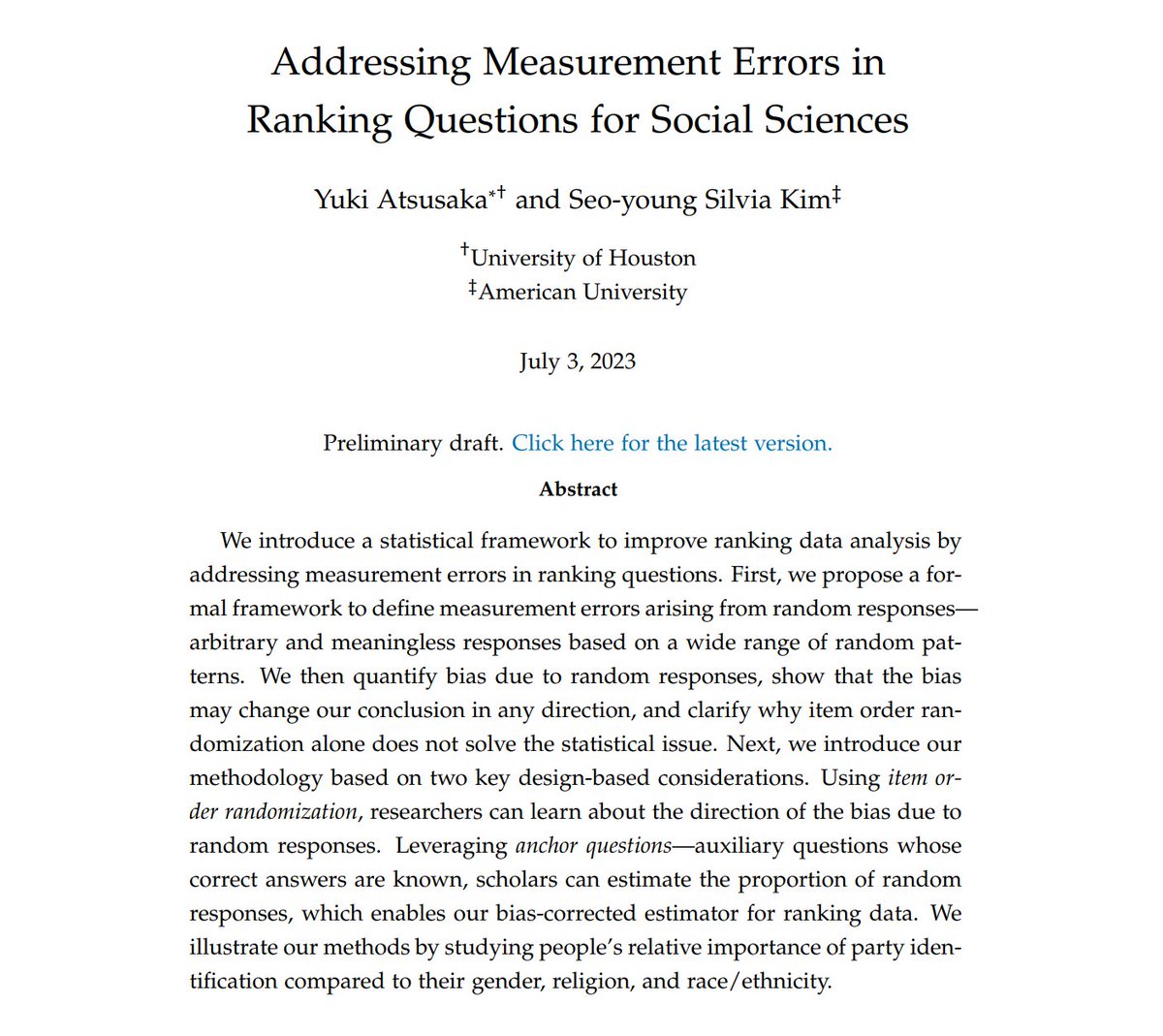 sysilviakim's tweet photo. Hello 👋 #Polmeth attendees!
Are you interested in ✨measurement errors✨ for ranking survey questions and how to deal with them? Come to Session 4C tomorrow, where I'll present joint work with @Yuki_Atsusaka.
Quick 🧵 https://t.co/QS3yV9KkJZ