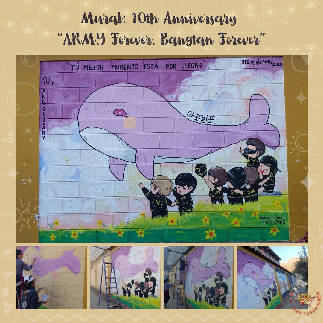 BTSCUSCOPERU's tweet photo. Se realizó este proyecto de pintado y realización de mural, este como símbolo de promesa donde ARMY esperará por BTS y continuarán caminando juntos por mucho tiempo más. 

📌 Ubicado en la I.E. "Sagrado Corazón de Jesús" en la provincia de Calca y Departamento del Cusco.
#ARMYDAY https://t.co/7g3IJ4UlL8