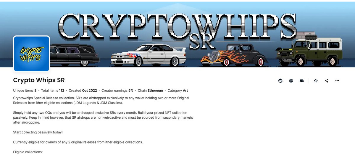 Some updates to SR collection graphics and details 

Don't forget there are active secondary SR listings! 

Current floor is 0.03 ETH (Zuki Carry 4x4) 🇯🇵 🛻 🐈

Visit: opensea.io/collection/cry…
