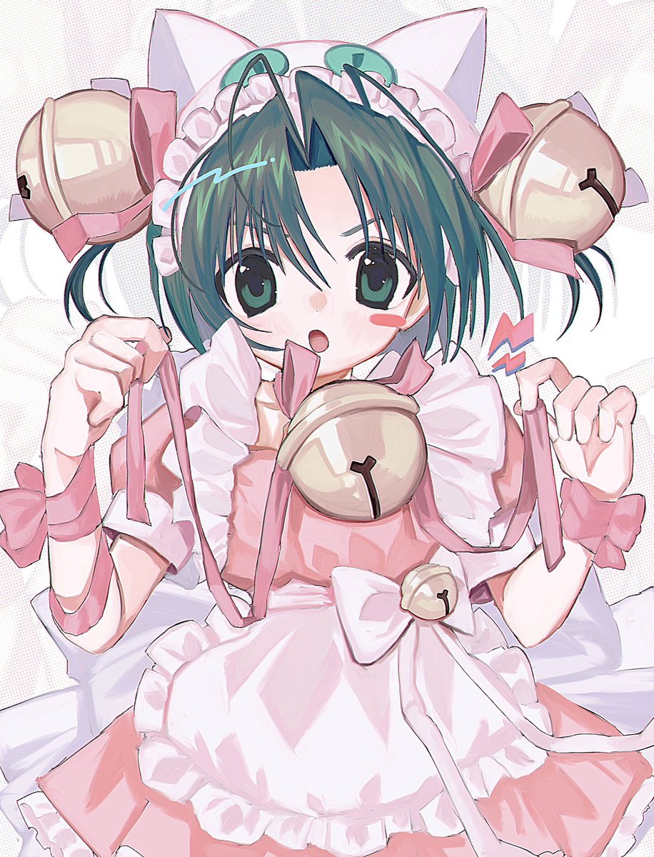 1girl solo bell green hair ribbon green eyes apron  illustration images