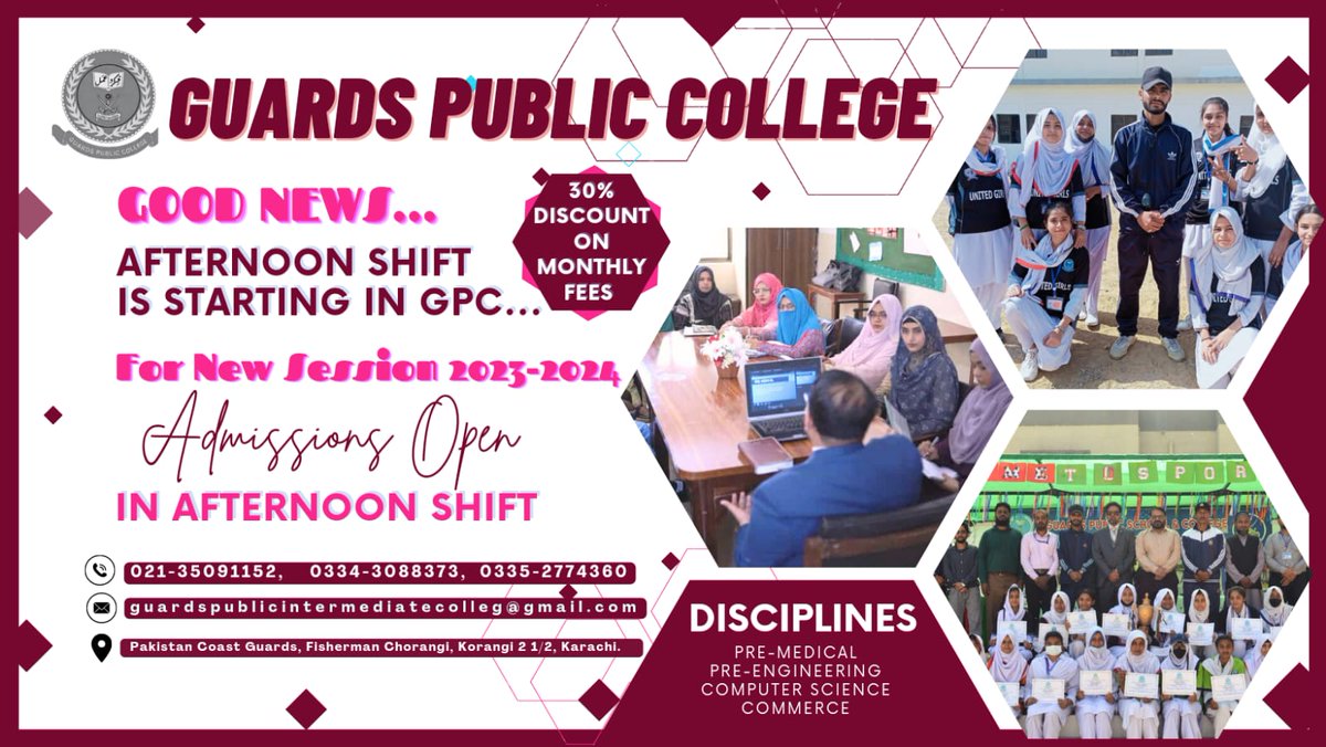 GuardsPublic's tweet photo. Exciting Announcement: Introducing Evening Shift at Guards Public College Korangi Admissions now open for Computer Science, Pre-Medical, Pre-Engineering, and Commerce. Enroll now for a brighter tomorrow #afternoonshift #guardspubliccollegekorangi #admissions #admissionsopen https://t.co/EFxfWGvEgC